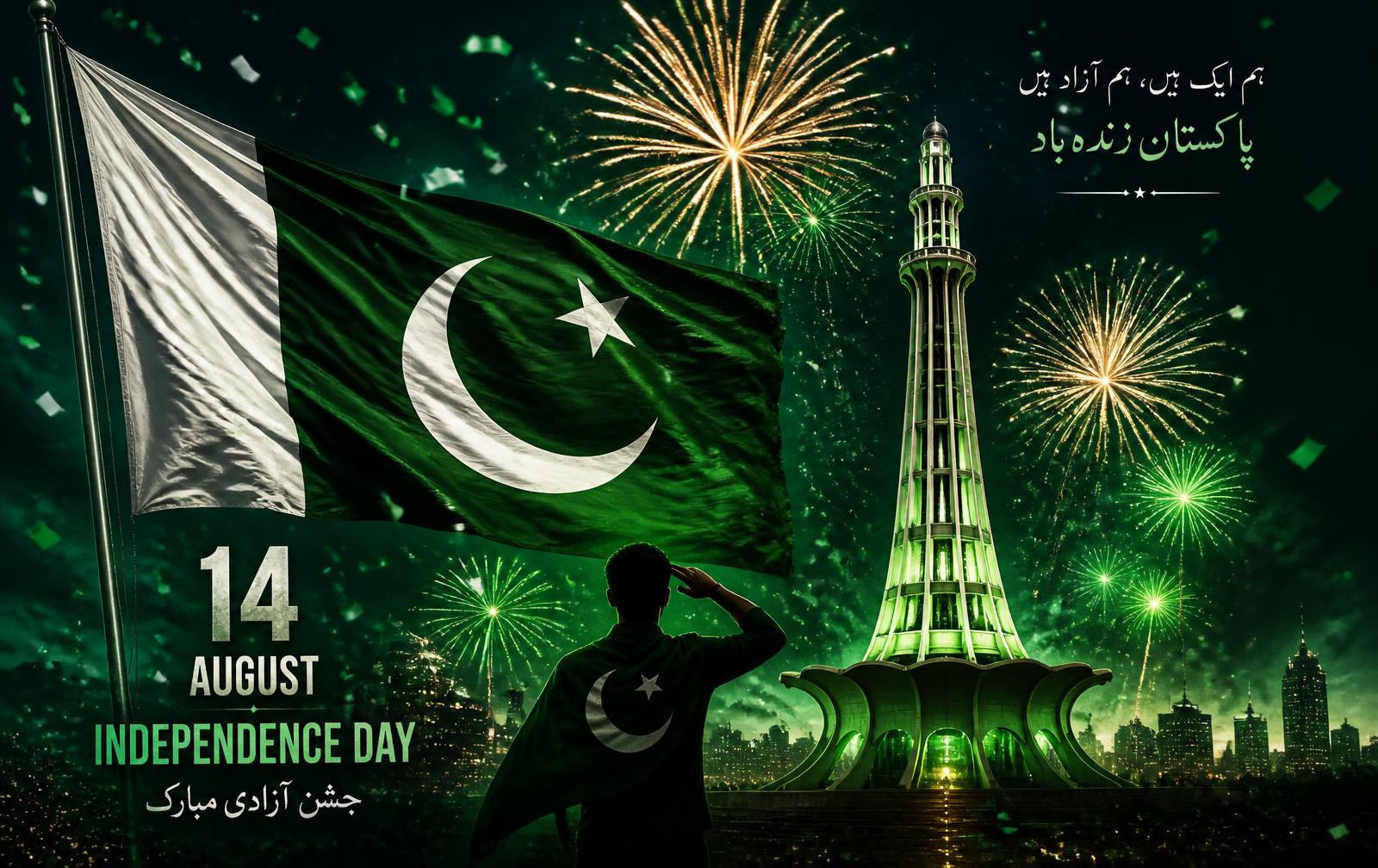 Pakistani flag and Minar-e-Pakistan lit by fireworks on 14 August